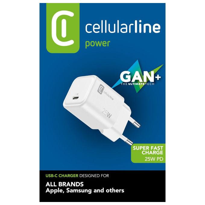 Cellularline, Caricabatterie da Rete 25W, USB-C, Power Delivery, Bianco