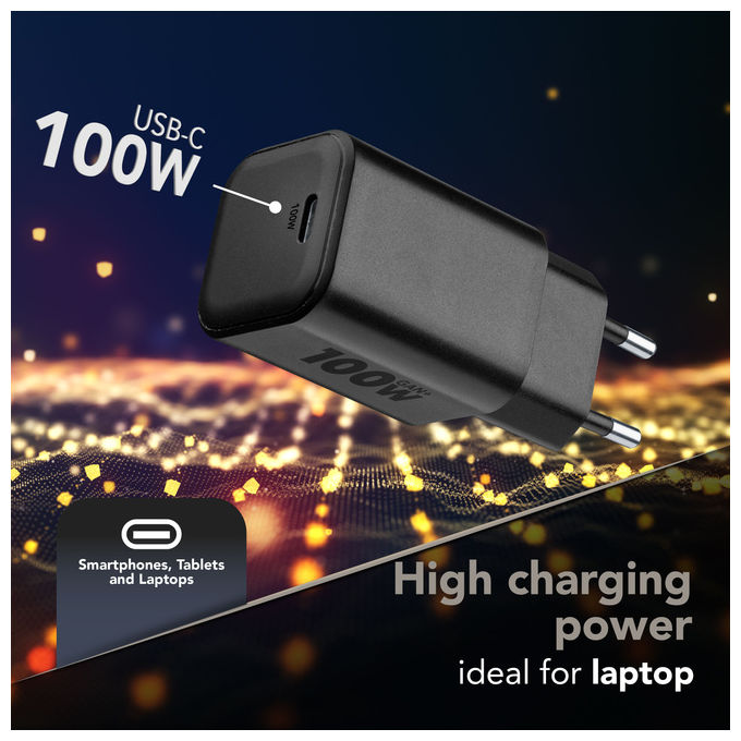 Cellularline ACHUSBCGAN100WLAPK Caricabatterie da rete USB-C GaN+ Power Delivery 100W colore Nero