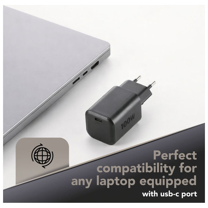 Cellularline ACHUSBCGAN100WLAPK Caricabatterie da rete USB-C GaN+ Power Delivery 100W colore Nero