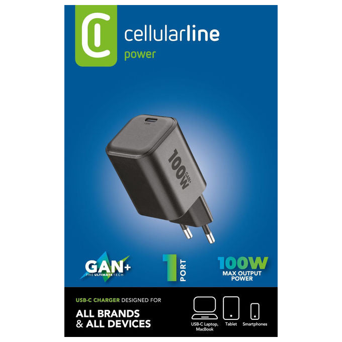 Cellularline ACHUSBCGAN100WLAPK Caricabatterie da rete USB-C GaN+ Power Delivery 100W colore Nero