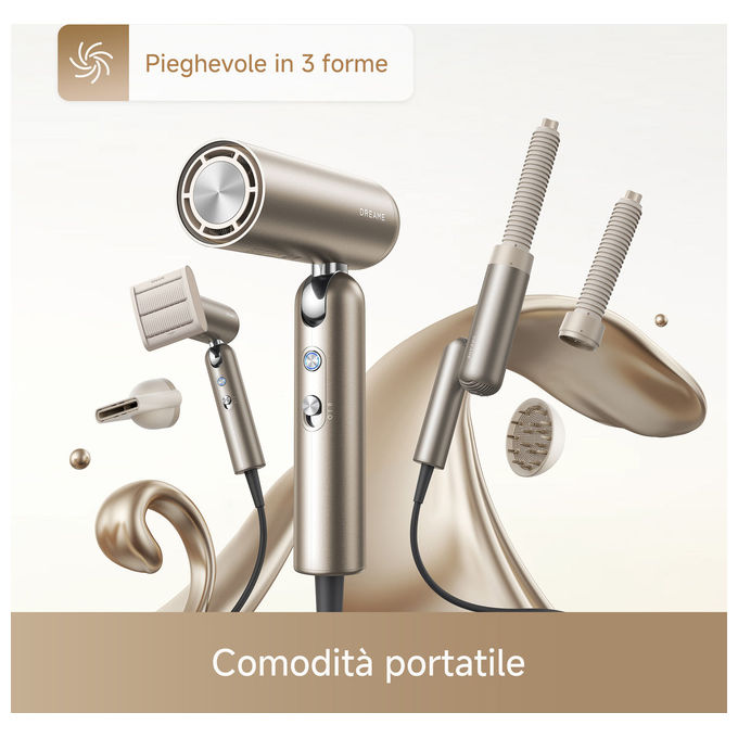 Dreame AHD51 Pocket Pro 2 Asciugacapelli 1300 W Motore Digitale Ioni Negativi 5 Temperature Accessori Magnetici colore Oro