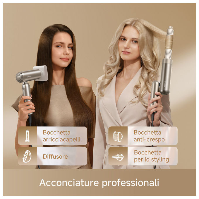 Dreame AHD51 Pocket Pro 2 Asciugacapelli 1300 W Motore Digitale Ioni Negativi 5 Temperature Accessori Magnetici colore Oro