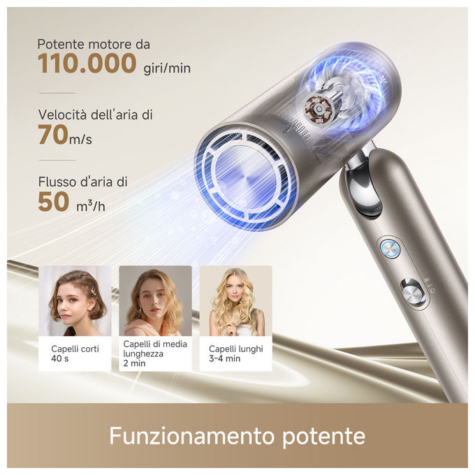 Dreame AHD51 Pocket Pro 2 Asciugacapelli 1300 W Motore Digitale Ioni Negativi 5 Temperature Accessori Magnetici colore Oro