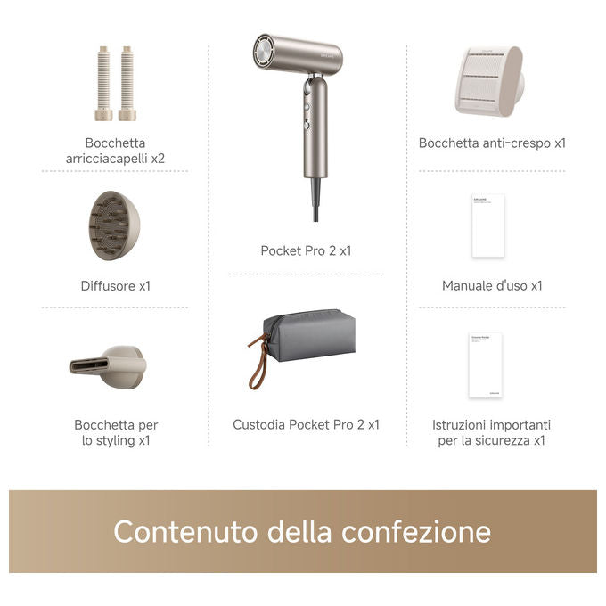 Dreame AHD51 Pocket Pro 2 Asciugacapelli 1300 W Motore Digitale Ioni Negativi 5 Temperature Accessori Magnetici colore Oro