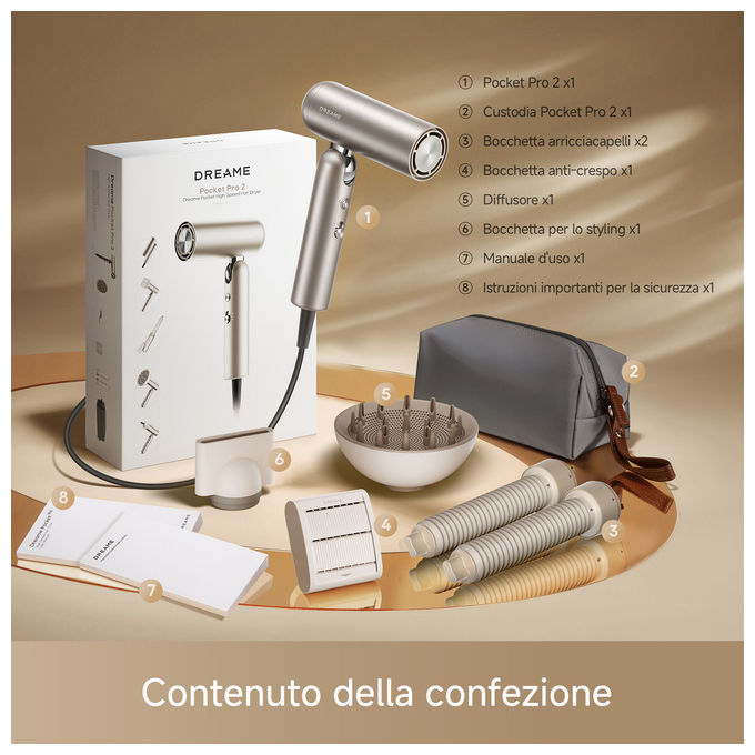 Dreame AHD51 Pocket Pro 2 Asciugacapelli 1300 W Motore Digitale Ioni Negativi 5 Temperature Accessori Magnetici colore Oro