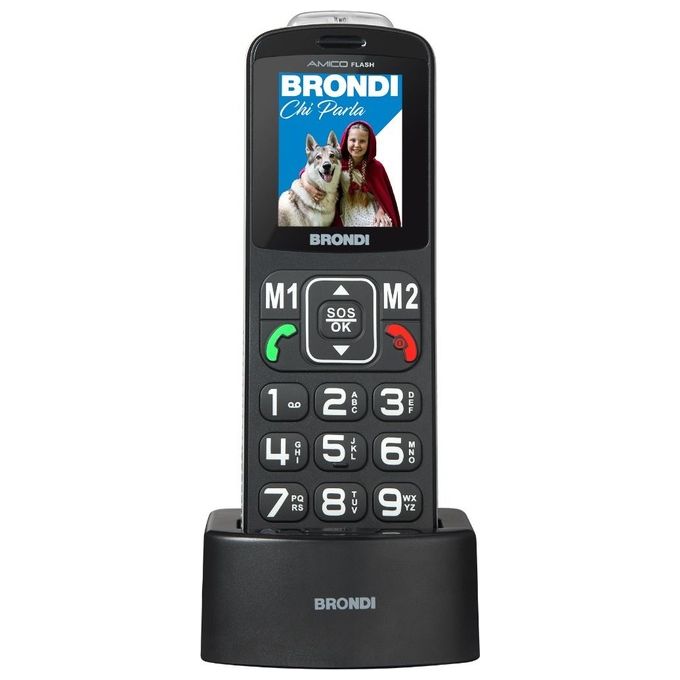 Brondi AMICO FLASH Cellulare per Anziani Dual SIM Display 2'' Tasto SOS Torcia Radio FM Batteria 1000 mAh colore Nero