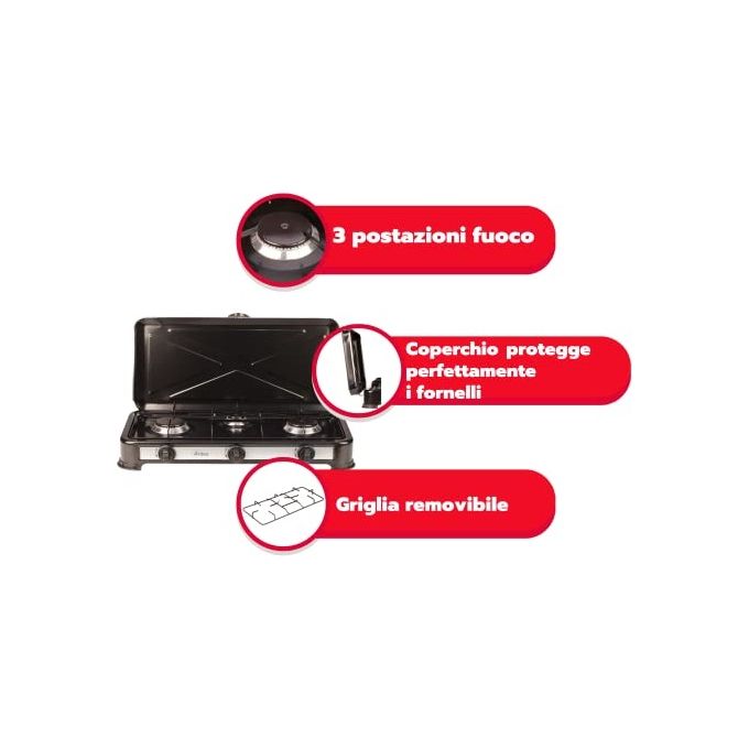 Arde Odino 3 Fornello Gpl 3 Fuochi  2900W con Coperchio Nero