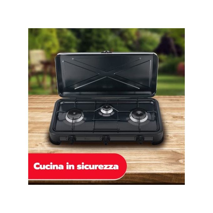 Arde Odino 3 Fornello Gpl 3 Fuochi  2900W con Coperchio Nero