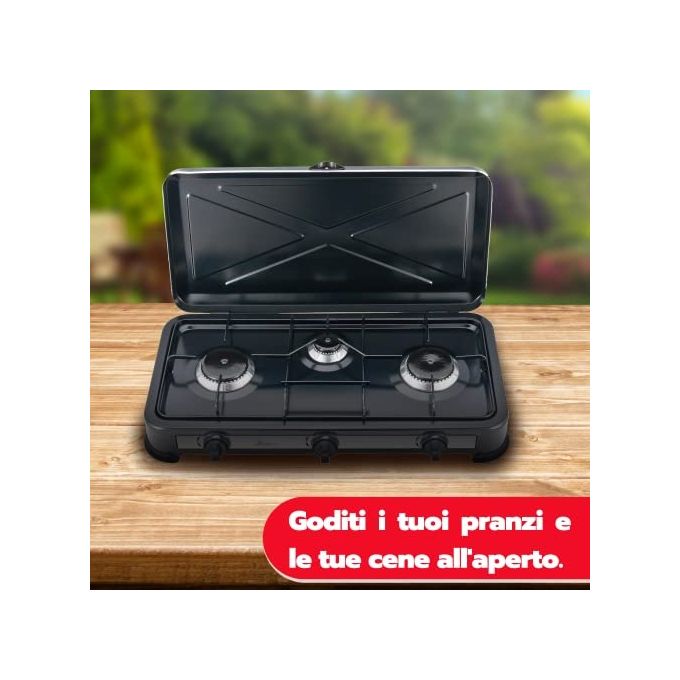 Arde Odino 3 Fornello Gpl 3 Fuochi  2900W con Coperchio Nero