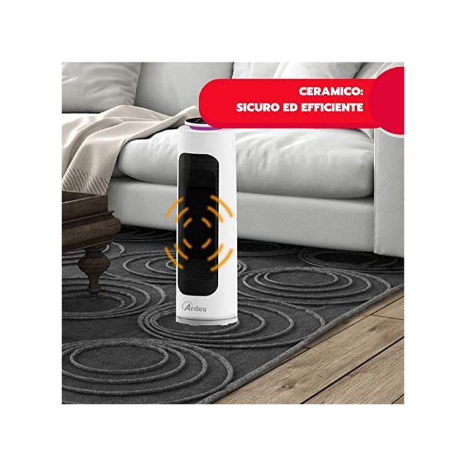 Ardes AR4P19 PIN Termoventilatore Ceramico a Torre 2000 W con Telecomando Timer e Luce Notturna LED colore Nero Bianco