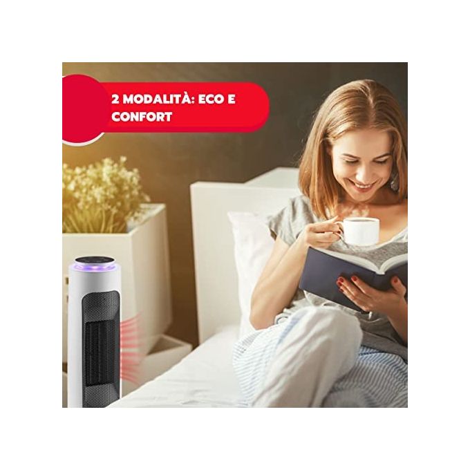 Ardes AR4P19 PIN Termoventilatore Ceramico a Torre 2000 W con Telecomando Timer e Luce Notturna LED colore Nero Bianco