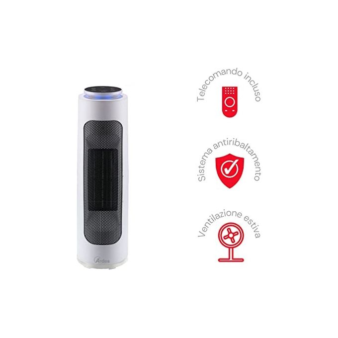 Ardes AR4P19 PIN Termoventilatore Ceramico a Torre 2000 W con Telecomando Timer e Luce Notturna LED colore Nero Bianco