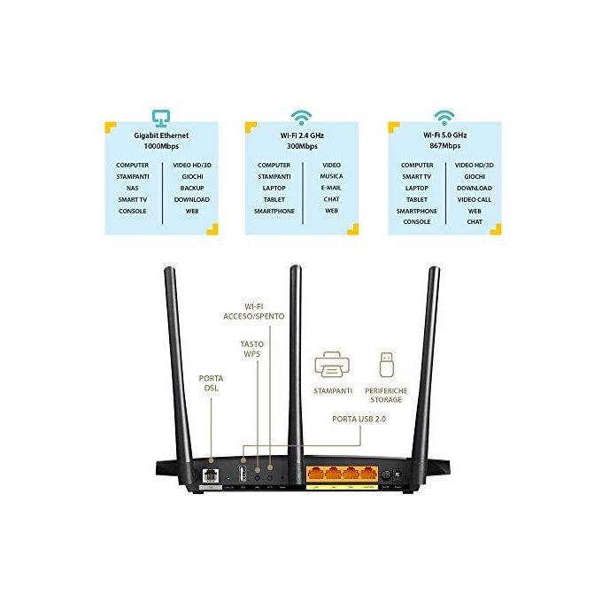 TP-LINK Archer VR400 ac1200 wireless vdsl-adsl modem 867mbps a 5ghz + 300mbps a 2.4ghz 1p wan-lan 3p lan 3 antenne