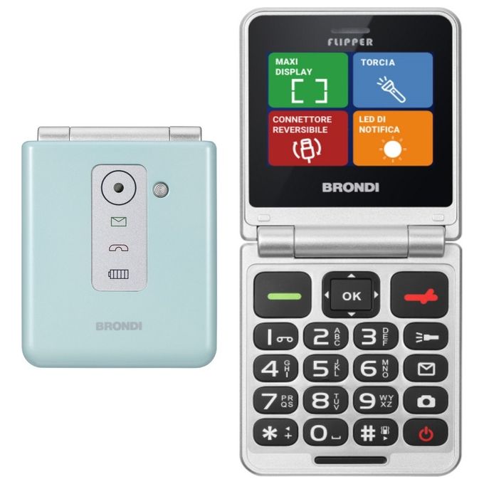 Brondi FLIPPER Flipper Telefono Cellulare Semplificato Dual SIM 3 Tasti Rapidi Schermo 2.4'' 9 Memorie Chiamata Rapida Notifiche a Flip Chiuso colore Green Water Metal
