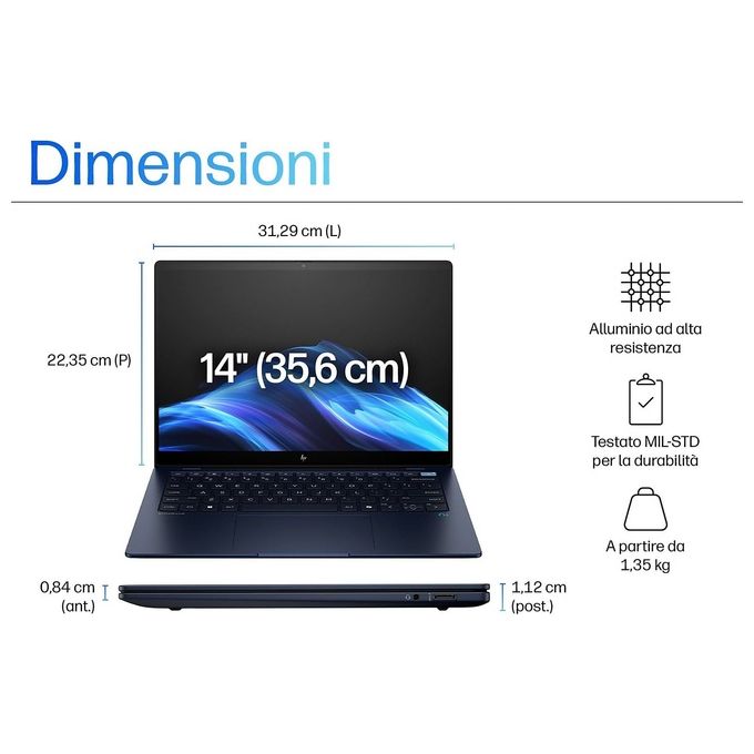 HP 9M4E3AT EliteBook Ultra 14 G1q Notebook Qualcomm Snapdragon X Elite X1E-78-100 32 GB RAM 1 TB SSD Wi-Fi 7 Windows 11 Pro colore Blu Notte