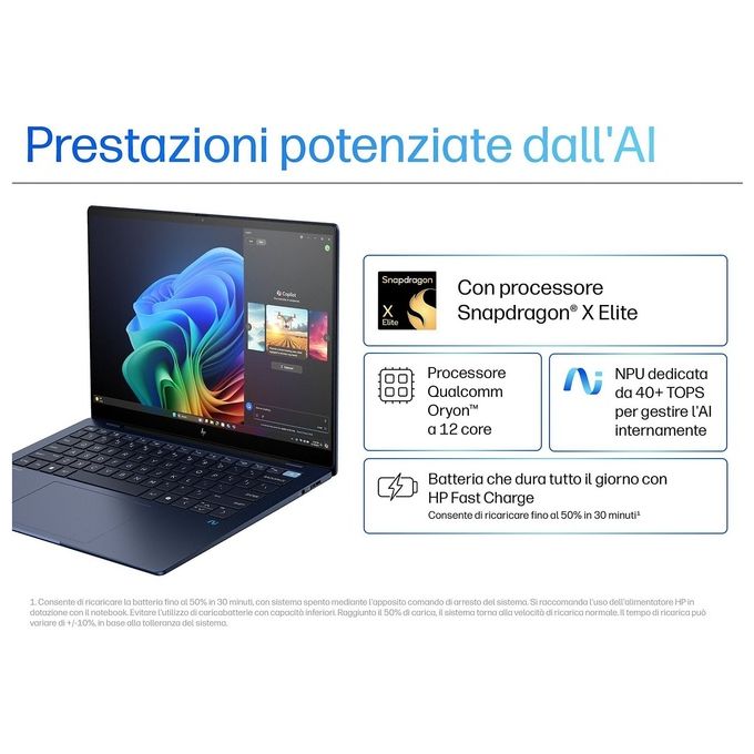 HP 9M4E3AT EliteBook Ultra 14 G1q Notebook Qualcomm Snapdragon X Elite X1E-78-100 32 GB RAM 1 TB SSD Wi-Fi 7 Windows 11 Pro colore Blu Notte
