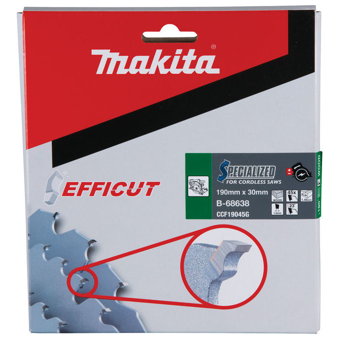 Makita B-68638 EFFICUT Lama Circolare Diametro 190 mm Foro 30 mm 45 Denti Materiale Carburo Angolo Denti 23° Spessore Taglio 1,45 mm Quantita' 1 pz colore Nero
