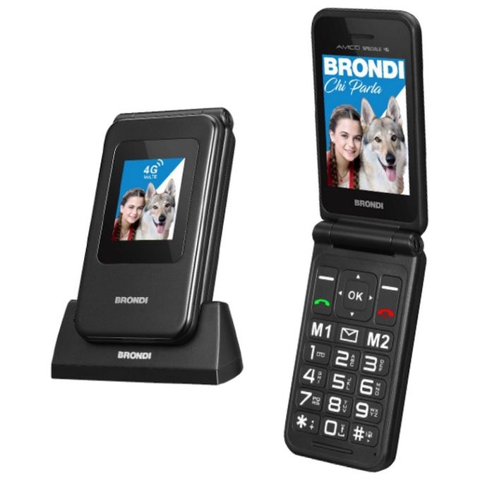 Brondi 10281080 Amico Speciale 4G Telefono Cellulare a Conchiglia Dual SIM 2.8'' Tasto SOS Docking Station colore Nero Metal