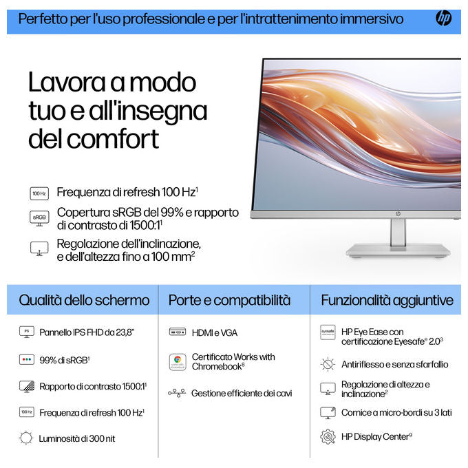 HP 94C19E9#ABB Monitor HP Serie 5 23,8'' FHD IPS con regolazione altezza 100 Hz colore Argento