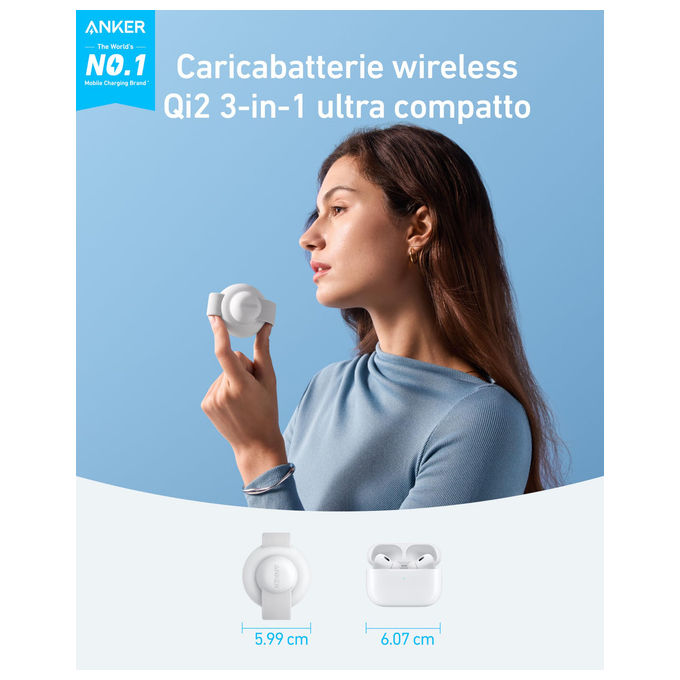 Anker B25M8H21 MagGo Caricatore Wireless 3 in 1 15W Compatibile con MagSafe colore Bianco