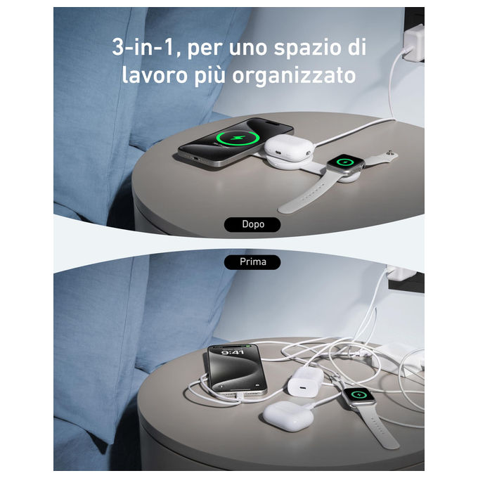 Anker B25M8H21 MagGo Caricatore Wireless 3 in 1 15W Compatibile con MagSafe colore Bianco
