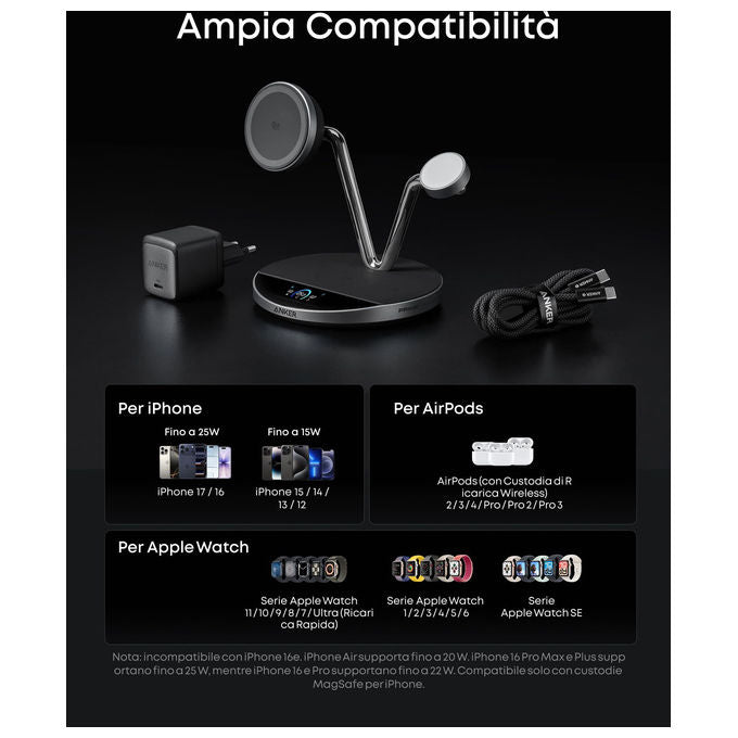 Anker B25X7G11 Prime MagSafe Caricatore Stazione di Ricarica 3 in 1 25 W colore Nero