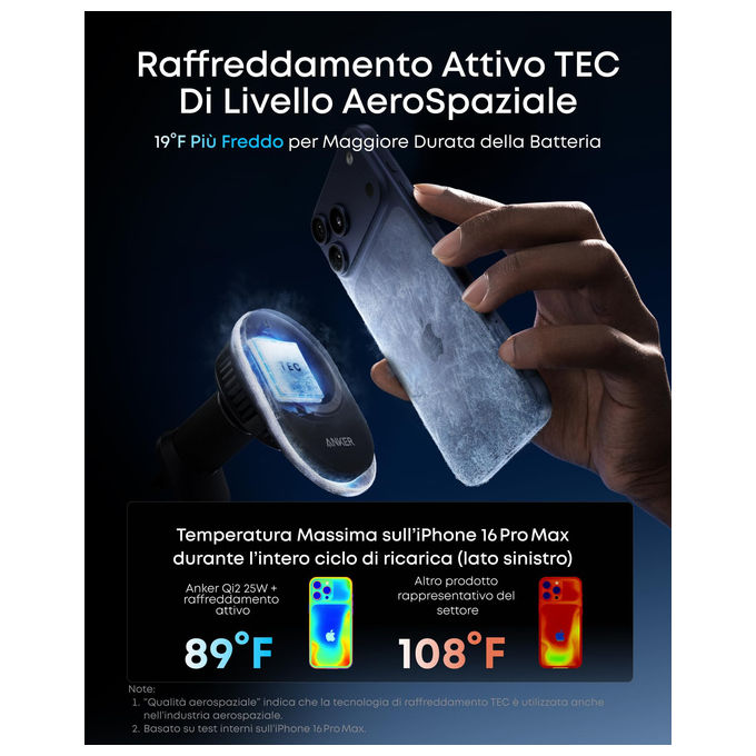 Anker B2933H11 Caricatore Auto MagSafe Qi2 25W con Raffreddamento TEC Supporto Bocchetta Aria per iPhone 12-17 colore Nero