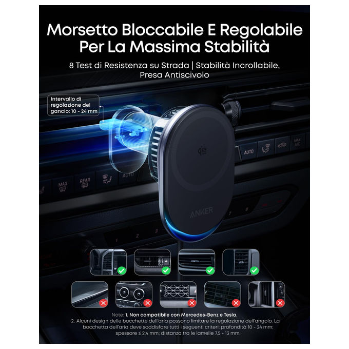 Anker B2933H11 Caricatore Auto MagSafe Qi2 25W con Raffreddamento TEC Supporto Bocchetta Aria per iPhone 12-17 colore Nero