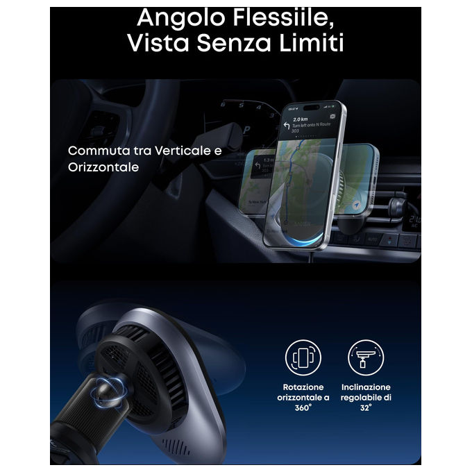 Anker B2933H11 Caricatore Auto MagSafe Qi2 25W con Raffreddamento TEC Supporto Bocchetta Aria per iPhone 12-17 colore Nero
