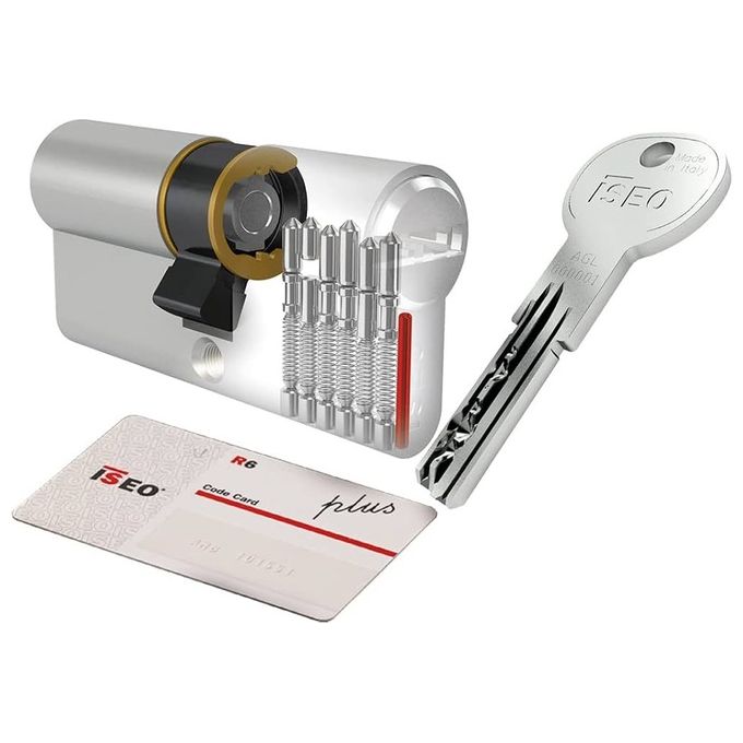 Iseo 8020614065624 R6 Plus Cilindro a Doppio Profilo in Ottone Nichelato Opaco 6 Pistoncini Acciaio Inox Chiave Reversibile 5 Chiavi Padronali 1 Chiave Cantiere Code Card colore Nichelato Opaco