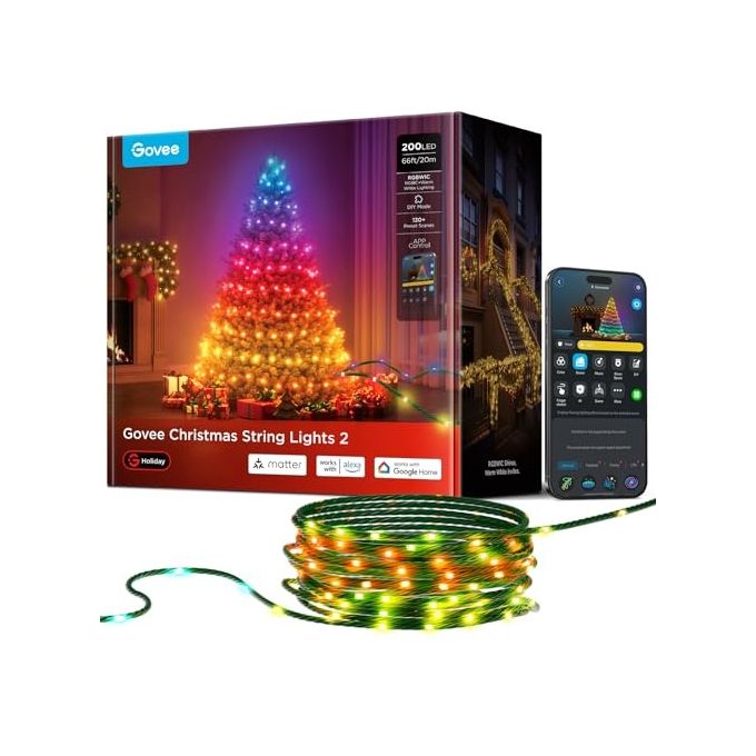 Govee H6870341 Luci a stringa scintillanti di Natale 20 m RGBICW Dimmabile Bluetooth App Govee Home colore RGBICW