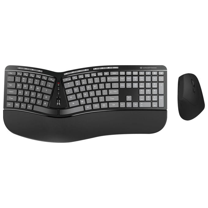 Conceptronic ORAZIO02US Kit Tastiera e Mouse Wireless Ergonomico QWERTY 124 tasti 2.4 GHz con Riposo del Polso colore Nero