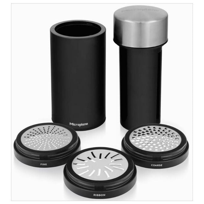 Microplane 0098399480503 Macina Universale 3 in 1 con 3 Lame Intercambiabili Acciaio Inossidabile e Compartmento per Spezie colore Nero