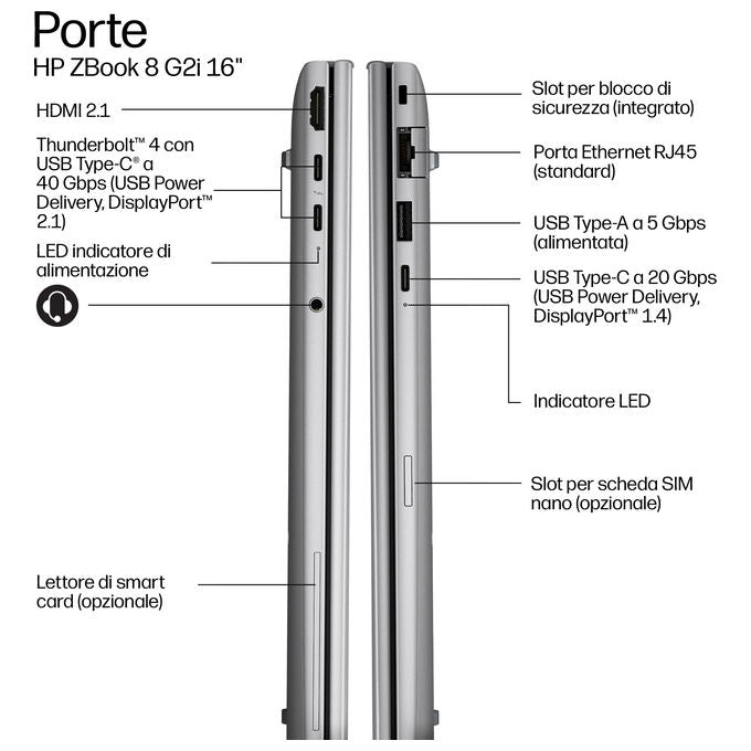 HP DS3X2AT ZBook 8 G2i Laptop Copilot+ PC Intel Core Ultra 7 48 GB DDR5 1 TB SSD Wi-Fi 7 Windows 11 Pro colore Argento