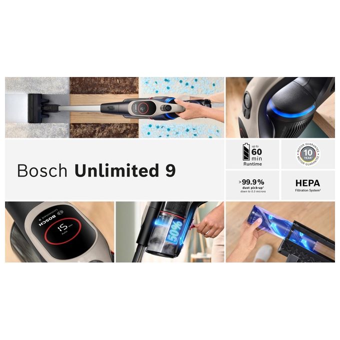 Bosch BCS931GAC Unlimited 9 Aspirapolvere Verticale Senza Filo HEPA 0.4 L 60 min 80 dB colore Grafite