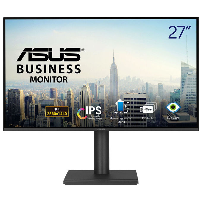 ASUS monitor business 27 pollici QHD IPS, BE27AQ, 2560x1440, 75Hz, design ergonomico, HDMI, DisplayPort, hub USB, altoparlanti, Eye Care, nero