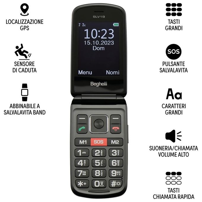 Beghelli SLV19 Salvalavita Phone Telefono per Anziani a Conchiglia Tasto SOS Doppia SIM Display 2.8'' colore Grigio