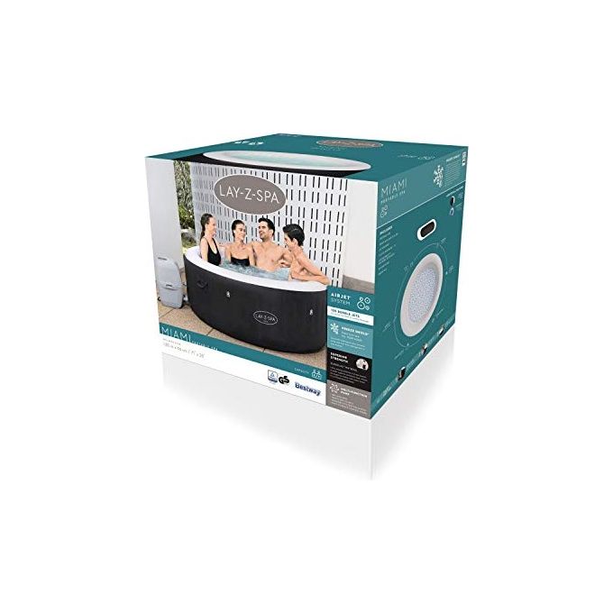 Bestway 60001 Lay-Z-Spa Miami AirJet Piscina Idromassaggio Gonfiabile 180x66 cm 4 Persone 40°C Freeze Shield colore Nero