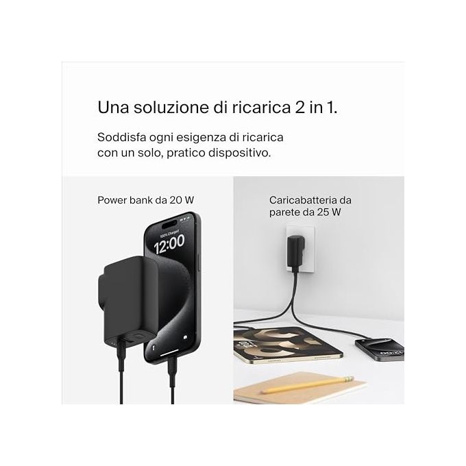 Belkin BPZ003 BoostCharge Caricabatteria da Parete e Power Bank 25W USB-C PD 3.0 PPS 5000mAh 2 Porte Portatile Ricarica Veloce colore Nero