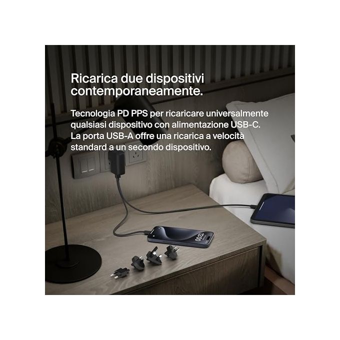 Belkin BPZ003 BoostCharge Caricabatteria da Parete e Power Bank 25W USB-C PD 3.0 PPS 5000mAh 2 Porte Portatile Ricarica Veloce colore Nero