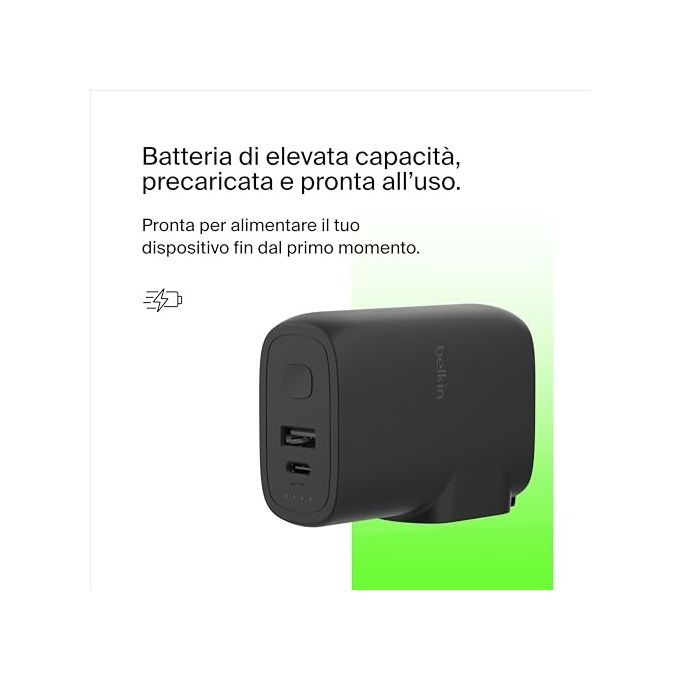 Belkin BPZ003 BoostCharge Caricabatteria da Parete e Power Bank 25W USB-C PD 3.0 PPS 5000mAh 2 Porte Portatile Ricarica Veloce colore Nero