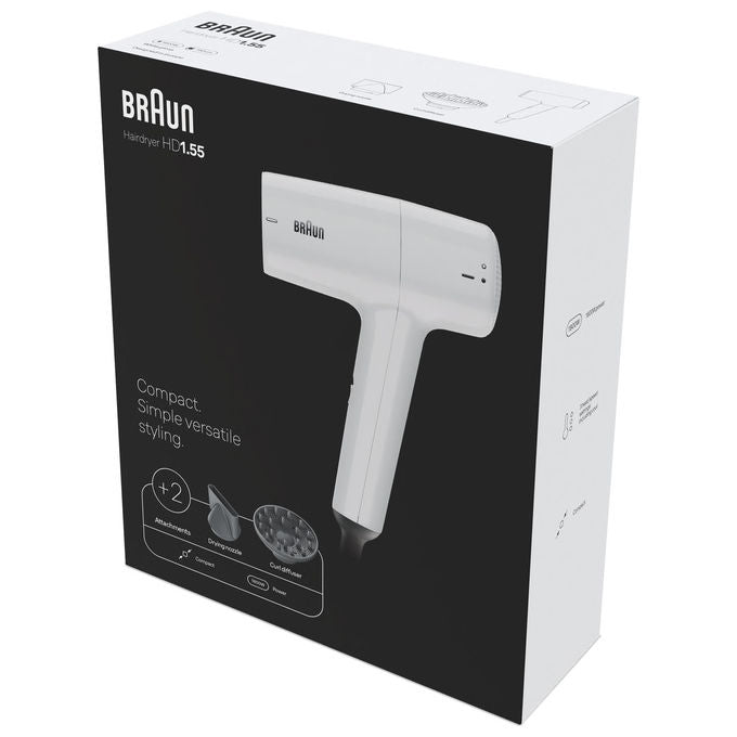 Braun asciugacapelli BRHD155E 1800W, diffusore e concentratore, 2 velocita', aria fredda, Bianco e nero