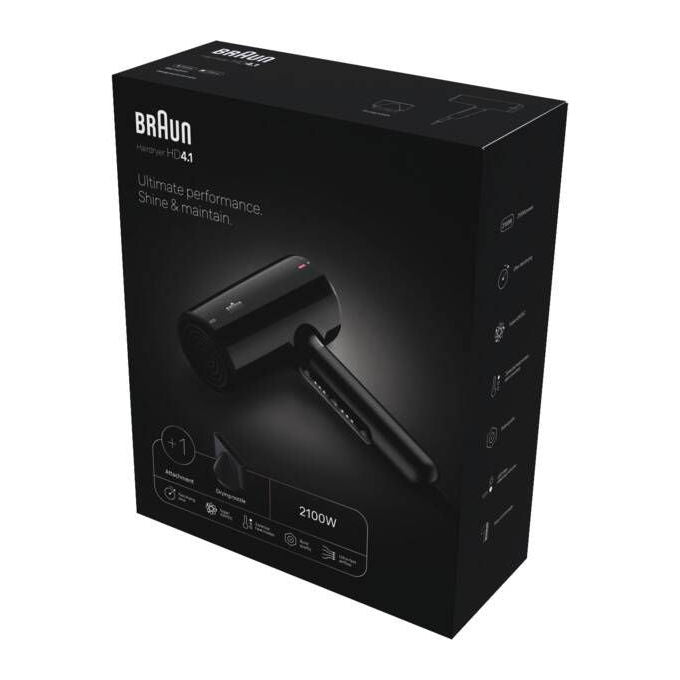 Braun asciugacapelli HD4.1, 2200 W, funzione ionica, 3 velocita', getto freddo, concentratore, nero