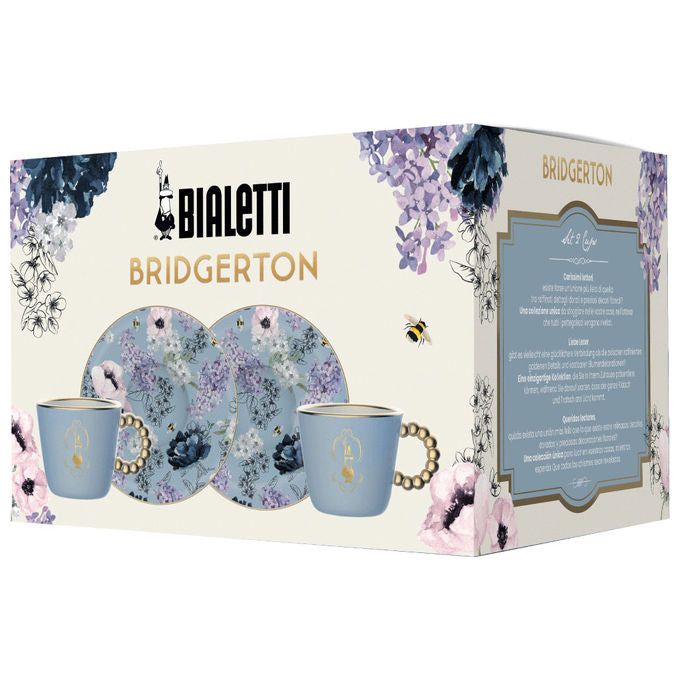 Bialetti BRID001 Bridgerton Set 2 Tazzine e 2 Piattini in Porcellana 80 ml colore Blu