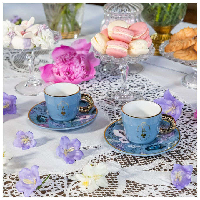Bialetti BRID001 Bridgerton Set 2 Tazzine e 2 Piattini in Porcellana 80 ml colore Blu