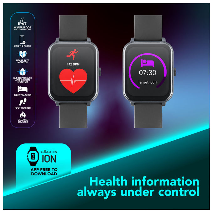 Cellularline Smartwatch Bluetooth Ion Pro Square Display 1.83'' Monitoraggio Sonno e Stress