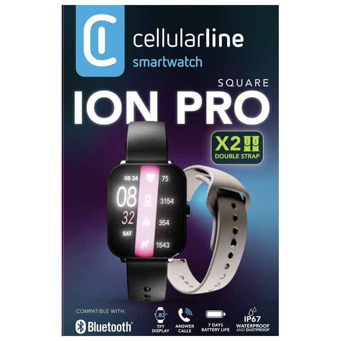 Cellularline Smartwatch Bluetooth Ion Pro Square Display 1.83'' Monitoraggio Sonno e Stress