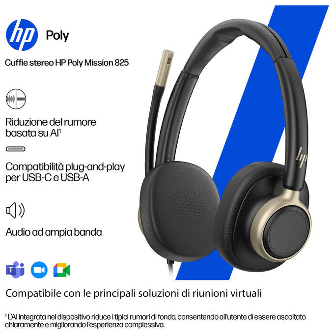 HP Poly C01FCA6 Cuffie cablate stereo Mission 825 USB con cancellazione rumore attiva e microfono integrato colore Nero