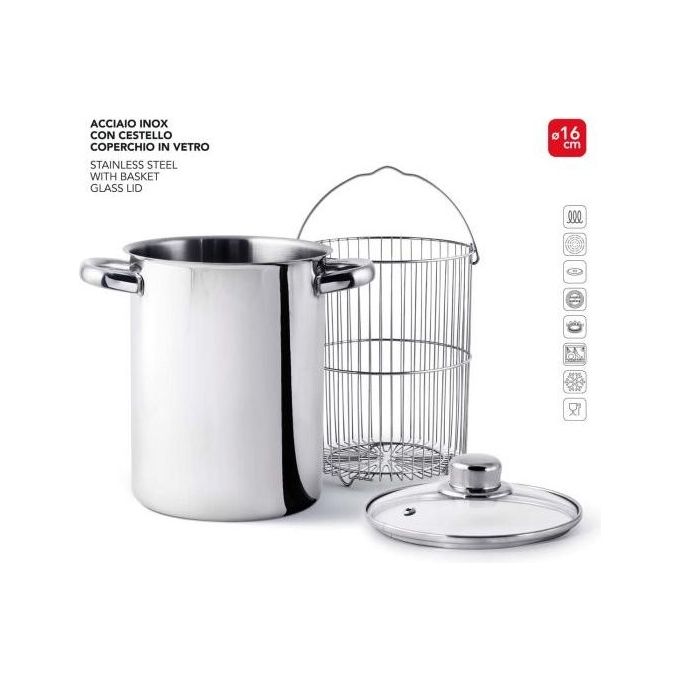 Abert HOTPOT Asparagiera in Acciaio Inox con Cestello e Coperchio in Vetro Diametro 16 cm Adatta per Induzione Lavabile in Lavastoviglie colore Inox
