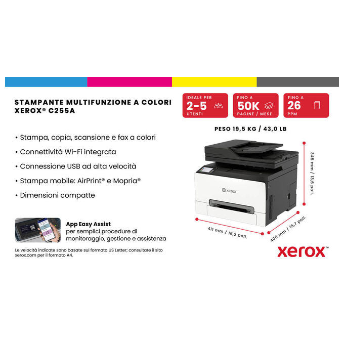 Xerox C255V_AEU C255 A4 Stampante Multifunzione Laser a Colori 25 ppm Wi-Fi Ethernet Fax colore Bianco